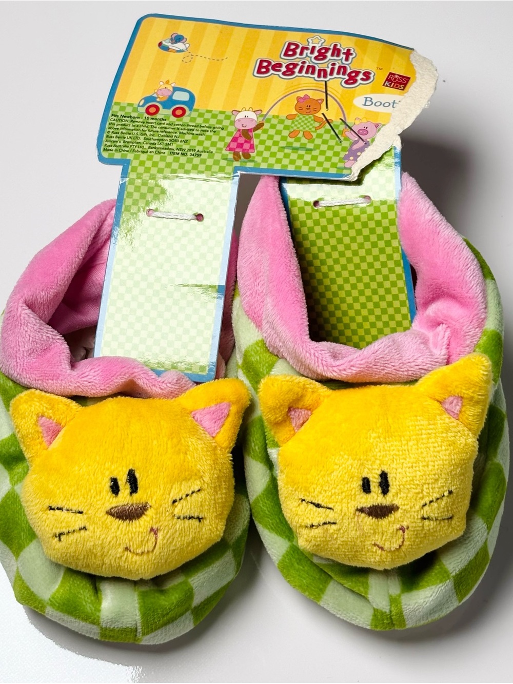 NWT Vintage Deadstock 90s Bright Beginnings Cat Slippers Checkered Russ Kids